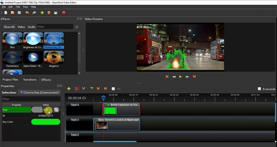 OpenShot brings a chroma key tool that allows you to manually pick a color to remove