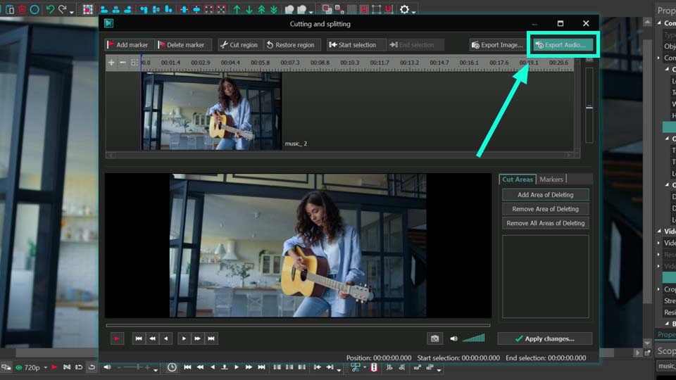 Location of the option to export audio in the Cutting and Splitting window