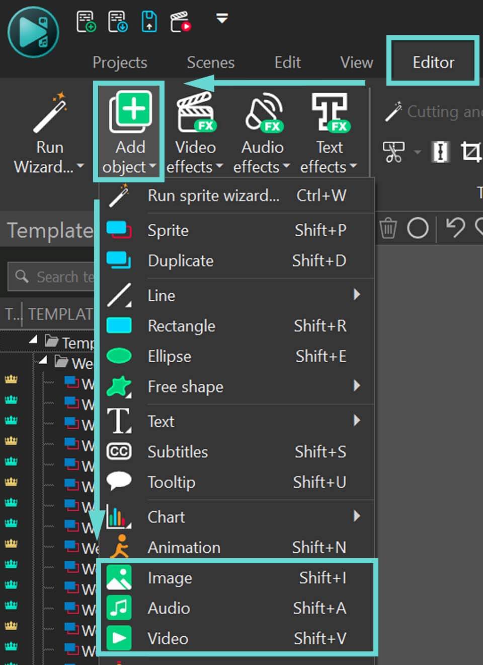 Adding image, audio or video to a scene and timeline