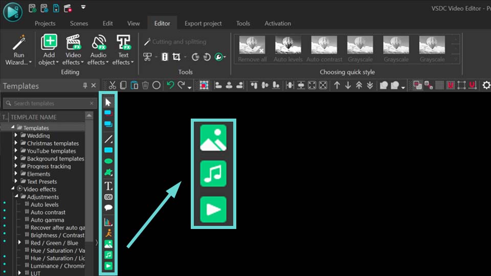 Find the appropriate icon to place the file type you need (image, object or video)