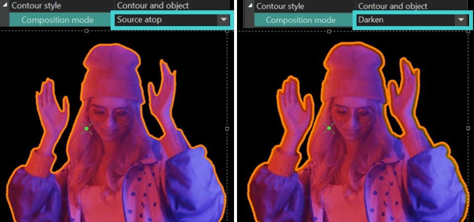 Working with source atop and darken composition modes on the contour.