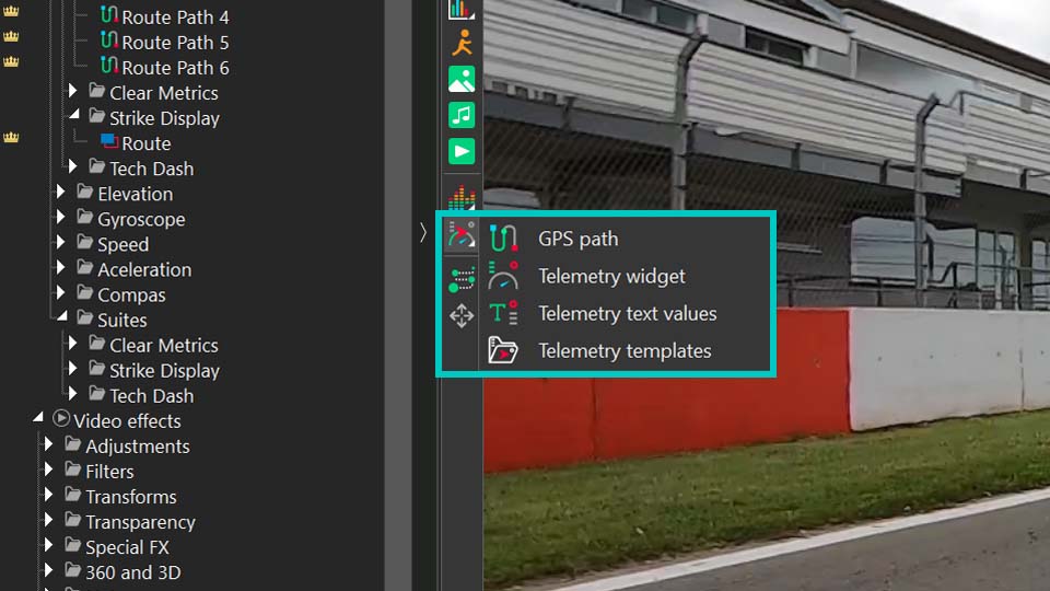 Interface do VSDC mostrando o menu Add telemetry com opções de visualização de GPS e telemetria